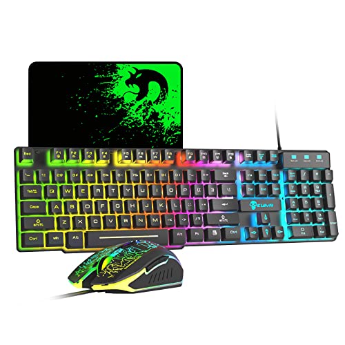 Kabelgebundenes Gaming-Tastatur- und -Maus-Set 12 RGB-Beleuchtungsmodus 104 Tasten Vollständige Anti-Ghosting-Beleuchtung Tastatur 2400 DPI 6-Tasten-USB-optische Spielmaus Mousepad-kompatibel Schwarz von LexonElec