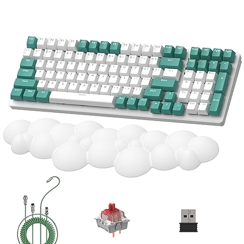 Lexonelec K6 kabellose mechanische Tastatur mit weiße Cloud Handgelenkauflage, 100 Tasten, 96% Layout, 4000mAh, Wired/2,4 GHz/BT 5.0, RGB Backlit, Spiralkabel für Gaming - Aqua Green Red Switch von LexonElec