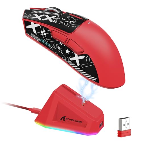 LexonElec x Attack Shark X11 Kabellose Gaming-Maus mit RGB Magnetische Ladestation, PixArt PAW3311-Sensor, Ultraleichte 59g Schwere Tri-Mode-Gaming-Maus mit Band, Wired/2,4 G/BT, 22 K DPI-Red&Tape von LexonElec