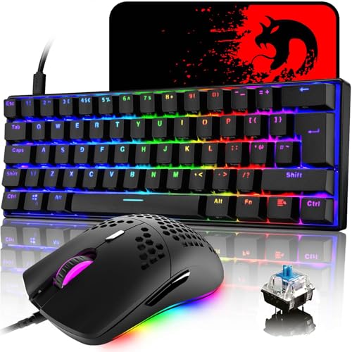 MK21 Gaming Tastatur und Maus Set, RGB 60% Mechanische Tastatur, 62 Tasten Wired Beleuchtung Gaming-Tastatur QWERTY + 6400 DPI Ultraleicht Gaming Maus + Mauspad für PS4, Xbox, PC - Schwarz/Blue Switch von LexonElec