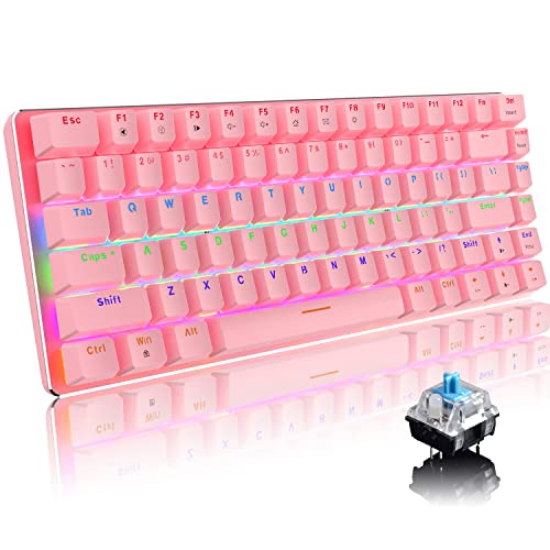 Mechanische Gaming-Tastatur mit Regenbogen-Hintergrundbeleuchtung, 82 Tasten, beleuchtet, Typ-C, kabelgebunden, Gaming-Tastatur für Computerspieler (blauer Schalter, pink) von LexonElec