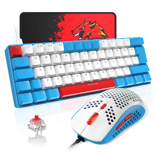 T60 Mini 60% Mechanische Tastatur-Maus-Sets, Kompakt 62 Tasten, Typ C Wired, 19 Hintergrundbeleuchtung Gaming-Tastatur + 6400 DPI RGB Maus + Mauspad, UK Layout für PC,Laptop - Blau/Rot Schalter von LexonElec