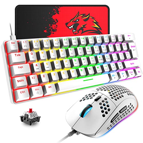 T60 Mini 60% Mechanische Tastatur-Maus-Sets, Kompakt 62 Tasten, Typ C Wired, 19 Hintergrundbeleuchtung Gaming-Tastatur + 6400 DPI RGB Maus + Mauspad, UK Layout für PC,Laptop - Weiß/Rot Schalter von LexonElec