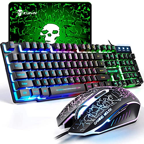 Set aus Tastatur und Maus, UK-Layout, ergonomische Gaming-Tastatur mit Regenbogen-Hintergrundbeleuchtung + 2400 DPI 6 optische Tasten, Gaming-Maus USB, Rainbow LED + kostenloses Mauspad von LexonElec