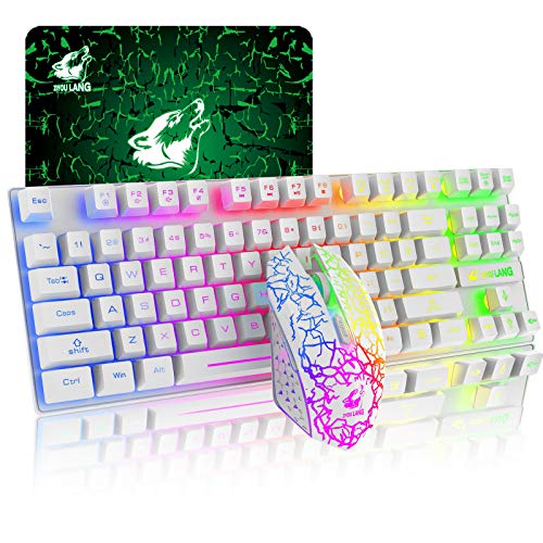 87 Tasten Drahtlose Tastatur Maus Combo Regenbogen von hinten beleuchtet 2.4G wiederaufladbare mechanische Feel Gaming-Tastatur+2400DPI 6 Tasten Optische Regenbogen-LED-Gaming-Maus+Mauspads (Weiß) von LexonTech