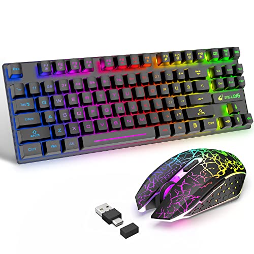 87 Tasten Drahtlose Tastatur Maus Combo Regenbogen von hinten beleuchtet 2.4G wiederaufladbare mechanische Feel Gaming-Tastatur+2400DPI 6 Tasten Optische Regenbogen-LED-Gaming-Maus+Mauspads (schwarz) von LexonTech
