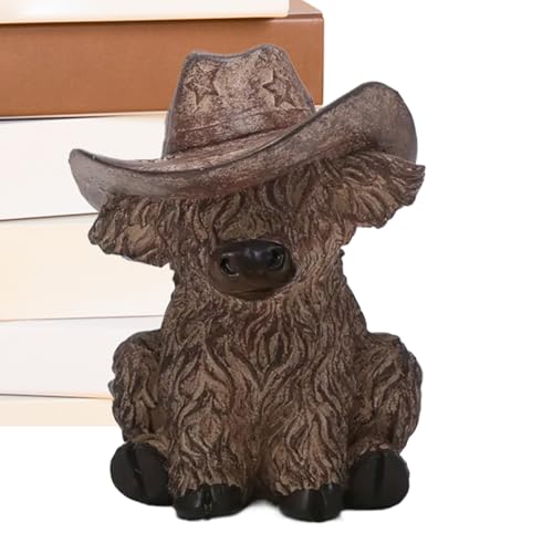 Lexsyn Hochlandrind Statue | Kuhfigur Mit Cowboyhut - Realistische Tier Skulptur Deko Für Wohnzimmer Bücherregal Schreibtisch von Lexsyn