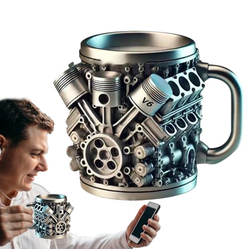 Lexsyn V8 Motoren Edelstahlbecher - Realistischen V8 und V6 Design Kaffeebecher, neuartiger Edelstahl-Kaffeebecher mit Automotor als Geschenk für Autoliebhaber von Lexsyn