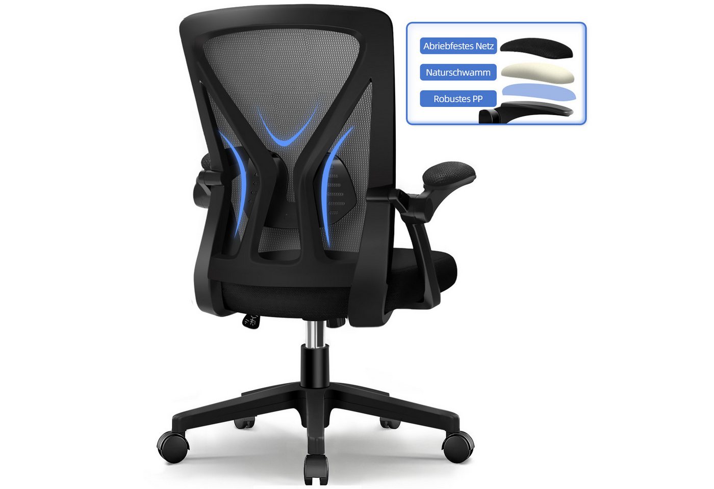 Lexzurn Bürostuhl Bürostuhl ergonomisch, Chefsessel Drehstuhl Wippfunktion bis 125° (Computerstuhl Home Office Chair), Höhenverstellbarer Netzstuhl mit Klappbare Armlehnen von Lexzurn