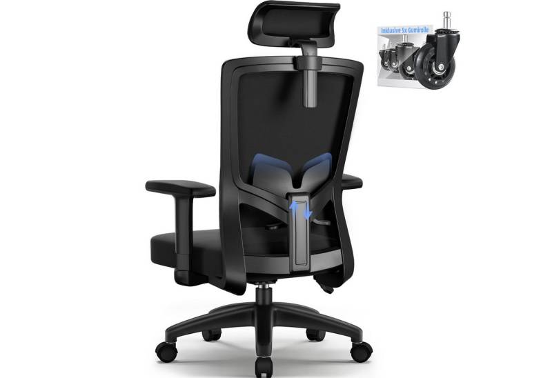 Lexzurn Bürostuhl Bürostuhl ergonomisch, Schreibtischstuhl 3D Memory-Schaum Lendenstütze (Wippfunktion bis 135°, Bis 200kg Belastar, Atmungsaktiv Mesh), Höhenverstellbarer Chefsessel Drehstuhl von Lexzurn