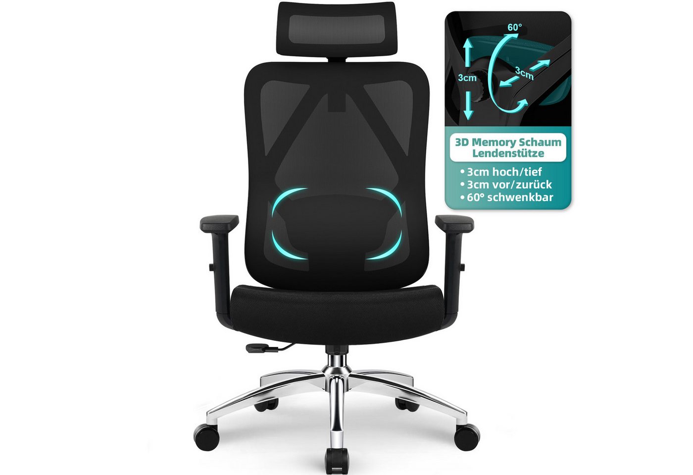 Lexzurn Bürostuhl Bürostuhl ergonomisch, Schreibtischstuhl 3D Memory-Schaum Lendenstütze (Wippfunktion bis 135°, Bis 200kg Belastbar, Atmungsaktiv Mesh), Höhenverstellbarer Chefsessel, Drehstuhl von Lexzurn
