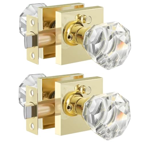 Leydebong 2 Stück Premium Gold Glas Türknauf – Badezimmer Schlafzimmer Türknäufe mit Schloss – reversibel für rechte oder linke Seite, Finish in poliertem Messing von Leydebong