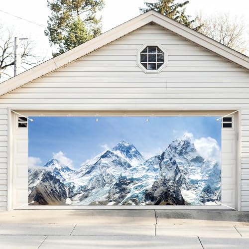 2,1 x 4,8 m Schnee-Berg-Garagentor-Dekoration, Banner, Winterlandschaft, blauer Himmel, schneebedeckter Alpenschnee, Hochhügel, Gipfel, Ski, Naturlandschaft, Garagentorabdeckung für Weihnachten von Leyiyi