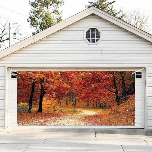 Leyiyi 1,8 x 4 m Herbstwald Garagentor Dekoration Banner Abdeckung Rote Ahornbäume Bergstraße Laublandschaft Thanksgiving Garagentor Abdeckung zum Aufhängen für drinnen und draußen Haus Hintergrund von Leyiyi
