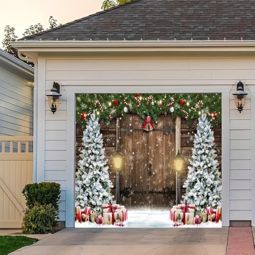 Leyiyi 2,1 x 2,4 m Weihnachts-Garagentor-Banner mit Schneeflocke, rustikale Scheune, braune Holzstruktur, Glitzer, Garagentor-Banner, Weihnachtsbaum, großes Hofschild für Winter, Innen- und von Leyiyi