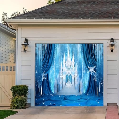 Leyiyi 2,1 x 2,4 m Winterschloss Garagentor Banner Abdeckung Winter Wonderland Frozen Castle Blau Fenstervorhänge Bühne Schneeflocke Xmas Garagentor Banner Neujahr Outdoor Garage Party Dekorationen von Leyiyi