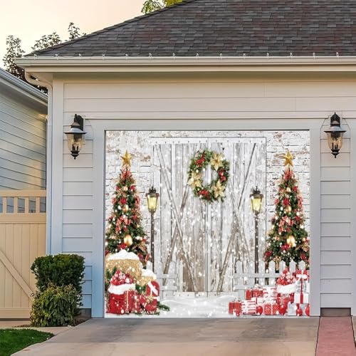 Leyiyi 2,1 x 2,4 m lange Weihnachts-Garagentor-Banner-Abdeckung, rustikale weiße Holzstruktur, Ziegelmauer, Glitzer, Garagentor-Banner, Scheune, Weihnachtsbaum, großes Hofschild für Winter, Innen- und von Leyiyi