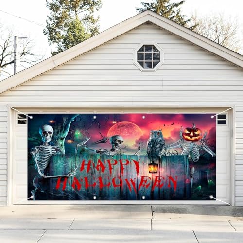 Leyiyi 2,1 x 4,8 m Halloween-Garagentor-Banner, schrecklicher Friedhofsnacht, Geist, Skelett, Horror, Kürbis, großer hängender Hintergrund, Türabdeckung, Blut, Mond, Himmel, gruselig, Halloween von Leyiyi