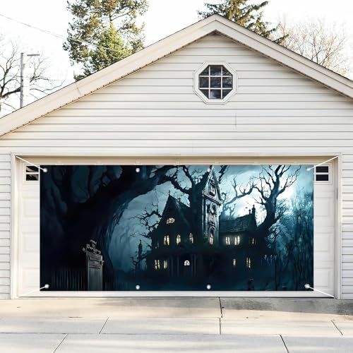 Leyiyi 2,1 x 4,8 m Halloween-Garagentor-Dekoration, Banner, gruseliges Friedhofsschloss, Spukhaus, Halloween, Garagentorabdeckung für Zuhause, Außenbereich, Wandtür, Halloween-Dekoration von Leyiyi