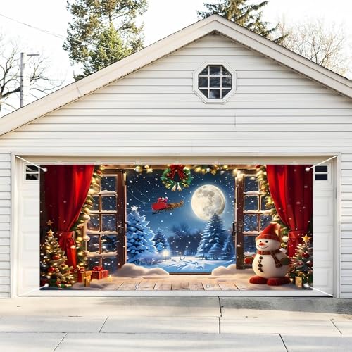 Leyiyi 2,1 x 4,8 m Weihnachts-Garagentor-Dekorationen, Banner, roter Fenstervorhang, rustikaler Holzfenster, Weihnachtsmann mit Geschenken, Waldwunderland, Garagentor-Banner, Hintergrund für von Leyiyi
