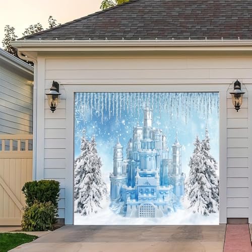 Leyiyi Garagentor-Dekoration, 2,1 x 2,4 m, Winterschloss, Eis- und Schneewittchen-Welt, Weihnachten, Eis, Schneeflocke, Winterwunderland, Garagentor, Hintergrund für Außen- und Innenwandtür von Leyiyi