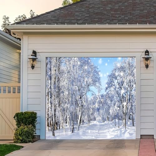 Leyiyi Garagentordekoration, 2,1 x 2,4 m, Winterwald, Dekoration, Banner, Weihnachten, traumhaft, Winter, Naturlandschaft, Garagentorabdeckung, Wunderland-Szene, Garagen-Hintergrund für Heiligabend von Leyiyi