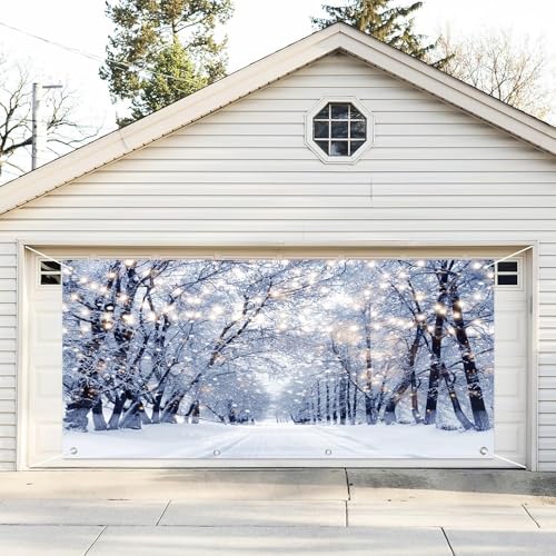 Leyiyi Garagentordekoration, 2,1 x 4,8 m, Winter, Schnee, Wald, Garagentor, Weihnachten, traumhafte Winterlandschaft, Hintergrund, Wunderland-Szene, Garagen-Hintergrund für Heiligabend, Neujahr von Leyiyi