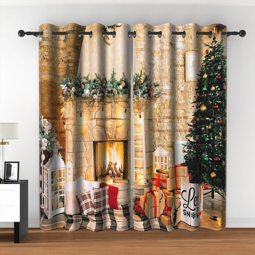 Leyiyi Verdunklungsvorhänge mit Aufschrift "Merry Christmas", brennender Kamin, Geschenkbox, Weihnachtsbaum, Fenstervorhänge, Vintage, Backsteinmauer, Winterurlaub, wärmeisoliert, Fenstervorhänge für Leyiyi Verdunklungsvorhänge mit Aufschrift "Merry Christmas", brennender Kamin, Geschenkbox, Weihnachtsbaum, Fenstervorhänge, Vintage, Backsteinmauer, Winterurlaub, wärmeisoliert, Fenstervorhänge für von Leyiyi