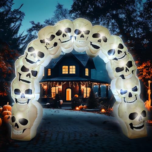 Leyndo 2,4 m Halloween Aufblasbarer Torbogen Outdoor Schädel Aufblasbare Torbogen mit eingebauter LED Große Halloween-Dekorationen Outdoor Schädel Aufblasbogen für Innen Garten Rasen Haus Dekor von Leyndo