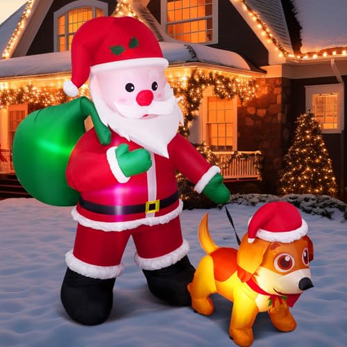 Leyndo Aufblasbarer Weihnachtsmann, 1,8 m, mit Geschenktüte und einem Hund, aufblasbar, Dekoration mit LED-Lichtern, niedliches Weihnachtsfest für Urlaub, Party, Hof, Garten, Rasen-Dekoration von Leyndo