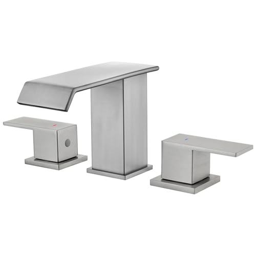 Leyso Badarmatur aus gebürstetem Nickel, Wasserfall-Wasserhahn, 3-Loch-Design mit 2 Griffen, Pop-Up-Ablauf- und Heiß-/Kaltschläuche im Lieferumfang enthalten, moderner Waschtisch-Wasserhahn für von Leyso