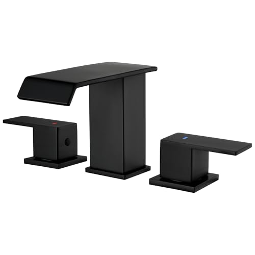 Leyso Mattschwarzer Wasserfall-Badezimmer-Wasserhahn, Badezimmer-Wasserhahn, Wasserfall-Auslauf, 3-Loch-Design mit 2 Griffen, Pop-Up-Ablauf- und Heiß-/Kaltschläuche im Lieferumfang enthalten, moderner Leyso Mattschwarzer Wasserfall-Badezimmer-Wasserhahn, Badezimmer-Wasserhahn, Wasserfall-Auslauf, 3-Loch-Design mit 2 Griffen, Pop-Up-Ablauf- und Heiß-/Kaltschläuche im Lieferumfang enthalten, moderner von Leyso