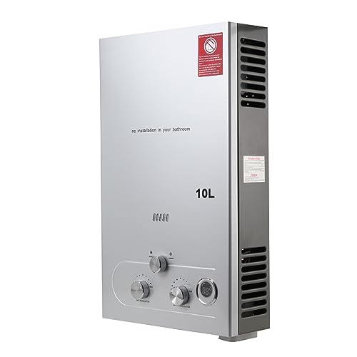 Lfhelper 10L 20KW Gasdurchlauferhitzer, LPG Warmwasserbereiter, 2.64GPM Propangas Tankloser Kesselbrenner Sofort-Heißwasserbereiter mit Duschkopf-Kit für Kleine Häuser, Kabinen, Campingdusche silber von Lfhelper