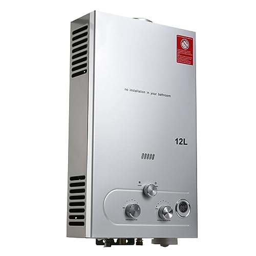 Lfhelper 12L 24KW Gasdurchlauferhitzer, LPG Warmwasserbereiter, 3,2 GPM Propangas Tankloser Kesselbrenner Sofort-Heißwasserbereiter mit Duschkopf-Kit für Kleine Häuser, Kabinen, Campingdusche silber von Lfhelper