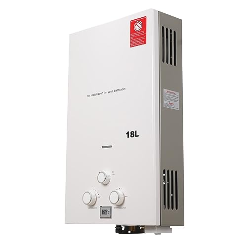 Lfhelper 18L 36KW Gasdurchlauferhitzer, LPG Warmwasserbereiter, 4.8 GPM Propangas Tankloser Kesselbrenner Sofort-Heißwasserbereiter mit Duschkopf-Kit für Kleine Häuser, Kabinen, Campingdusche weiß von Lfhelper