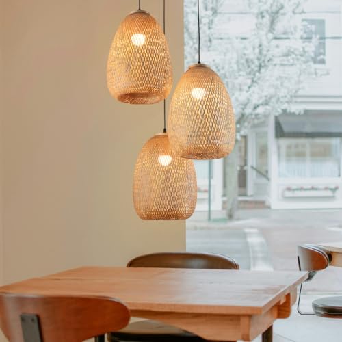Bambus Hängelampe 3-flammig Vintage Pendelleuchte Esstisch Hängeleuchte Boho Geflochten Pendellampe Retro Lampenschirm Aus Rattan E27 Deckenlampe Für Schlafzimmer Wohnzimmer Esszimmer Küche Flur,E von Lfoute