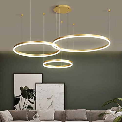 Lfoute LED 3 Ringe Pendelleuchte Dimmbar Wohnzimmerlamp Modern Pendellampe Esstisch Kronleuchter Mit Fernbedienung Metall Aluminium Höhenverstellbar Hängelampe Schlafzimmer Küchen Deckenleuchte,Gold von Lfoute