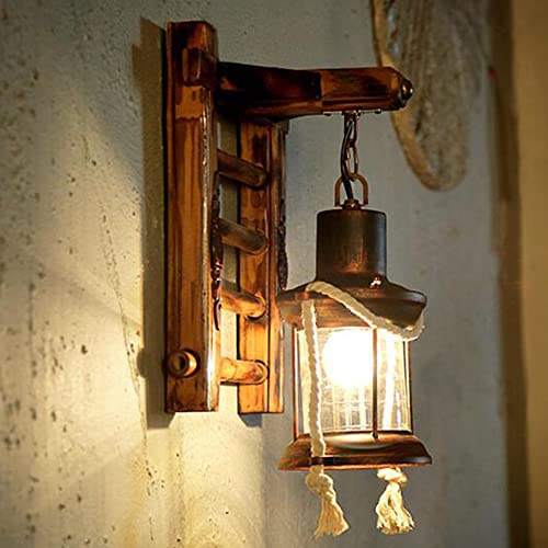 Lfoute Retro Holz Wandleuchte Treppen Wandlampe Kreativ Bambus Pendellampe Vintage Hanfseil Rustikale Wandlicht Glas Lampenschirm Wandleuchten Für Schlafzimmer Restaurant Hotel Flur Esszimmer von Lfoute