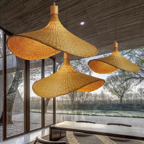 Retro Bambus Pendelleuchte Natürlicher Handgemachte Rattan Kronleuchter E27 Höhenverstellbare Hängelampe Hutform Restaurant Wohnzimmer Schlafzimmer Esszimmer Bauernhaus Lampe, 70cm+60cm+50cm von Lfoute