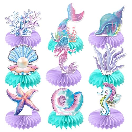 9 Stück Meerjungfrau Geburtstag Deko, Mermaid Tischaufsteller, Meerjungfrau Geburtstags Wabendekoration, Meerjungfrauen Tischdeko für Kindergeburtstag, Unterwasserwelt Meerjungfrau Party von Lguaquanx
