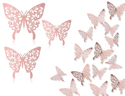 Lhbwhiz 24 Stück 3D Schmetterling Wandaufkleber, 3 Größen Abnehmbare Schmetterlinge Dekoration Wandtattoo für Raumdekoration,Party Dekoration(Roségold) von Lhbwhiz