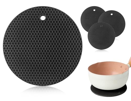 Lhbwhiz 3 Stück Silikon Topflappen,langlebig hitzebeständig wasserdicht rutschfest Untersetzer,Premium antihaftbeschichtet Rund Mikrowellenmatte Untersetzer Spülmaschinenfest(schwarz) von Lhbwhiz
