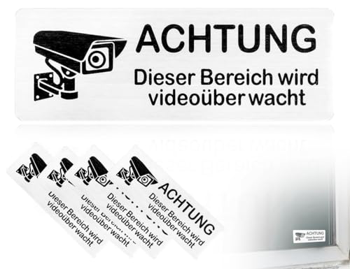 Lhbwhiz 4 Stück Videoüberwachung Schild,Selbstklebend Aluminium Warnschild Aufkleber,Privatgrundstück kameraüberwachung Achtung Hinweisschild,für Innen und Außenbereich(8.5 * 3cm) von Lhbwhiz