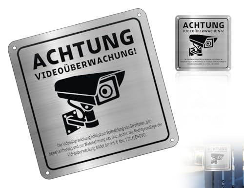 Lhbwhiz Schild Videoüberwachung,Selbstklebend Klassisch Aluminium Kameraüberwachung Sign,Metall Privatgrundstück Achtung Aufkleber mit DSGVO Hinweis und 4 Bohrlöcher,für Außen(15 * 15cm) von Lhbwhiz