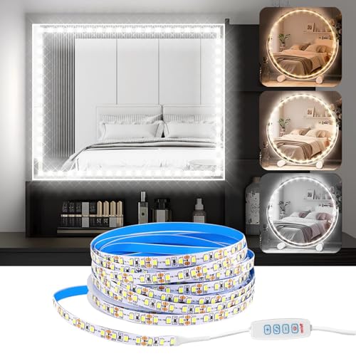 Lhdfyqt 2 Stück Schminktisch Lichtleiste, LED Strip 2M Dimmbar, LED Unterbauleuchte mit Schalter, Schminkleuchte lichtleiste, Makeup Lampe Lichtleiste, 3 Farben und 9 Dimmerstufen, 2 m/6,5 ft 480 LED von Lhdfyqt