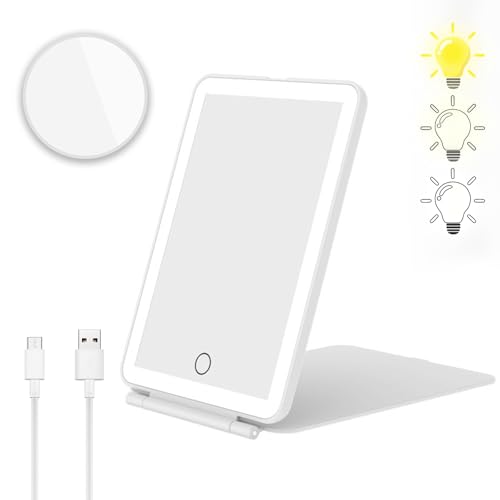 Lhdfyqt Reisespiegel mit Licht, Kosmetikspiegel mit Beleuchtung, Faltbarer Makeup Reisespiegel, Dimmbarer Touchscreen Schminkspiegel, altbarer Makeup Spiegel, mit 10X Vergrößerung Spiegel USB Aufladen von Lhdfyqt