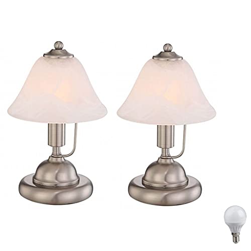 Nachttischlampe Antik Retro Touch ON/OFF nickel/alabasterfarbig nicht Dimmbar Nachtlicht Schreibtischlampe Fensterbank Schlafzimmer incl. 3WLED (2er Set Tischleuchte nickel incl. LED) von Lhh