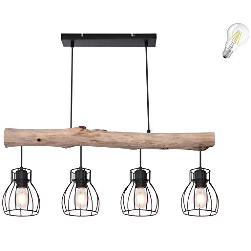 Pendelleuchte Retro Vintage Design LED Decken Holz Balken Holzstamm Rustikal Wood Pendel Spot Ess Zimmer Wohnzimmer Treppenhaus Gitter Lampe incl. 4W LED (4er Retro Pendelleuchte incl. LED) von Lhh