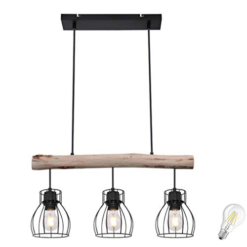 Pendelleuchte Retro Vintage Design LED Decken Holz Balken Holzstamm Rustikal Wood Pendel Spot Ess Zimmer Wohnzimmer Treppenhaus Gitter Lampe incl. 4W LED (3er Retro Pendelleuchte incl. LED) von Lhh