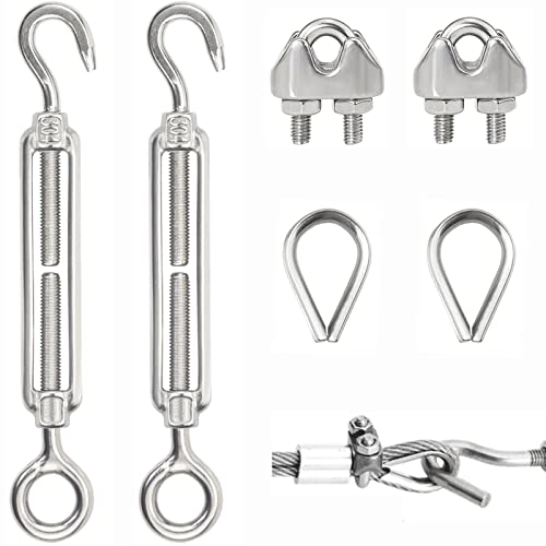 Spannschloss Set M5 Spannschraube Verstellbare Bügelformklemme Drahtspanner Spannschloss Drahtseilklemme M5 Edelstahl Kabelklemme Seilspann Spannschloß mit Drahtseil kauschen, 6 teillig von LhyBtm